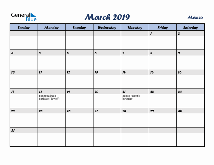 March 2019 Calendar with Holidays in Mexico