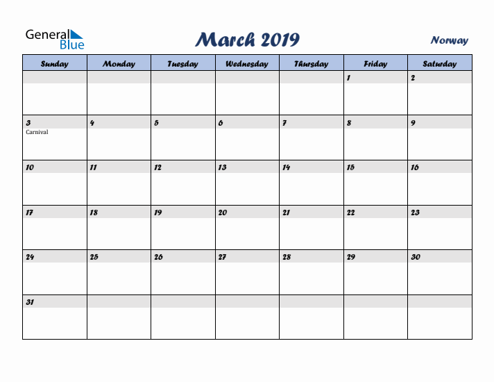 March 2019 Calendar with Holidays in Norway
