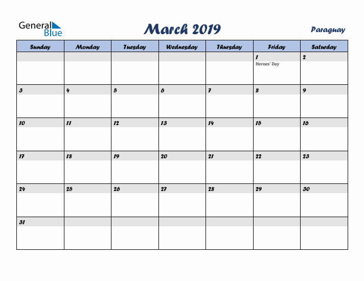 March 2019 Calendar with Holidays in Paraguay