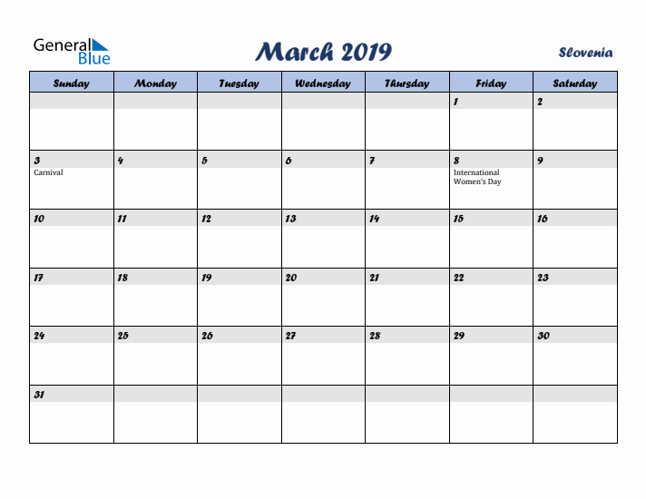 March 2019 Calendar with Holidays in Slovenia