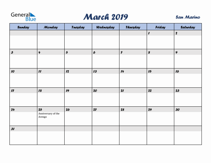 March 2019 Calendar with Holidays in San Marino