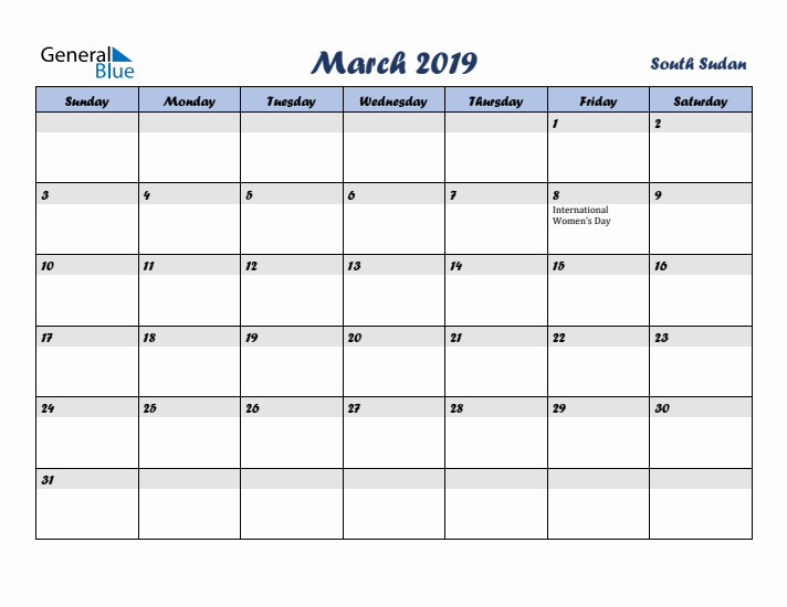 March 2019 Calendar with Holidays in South Sudan