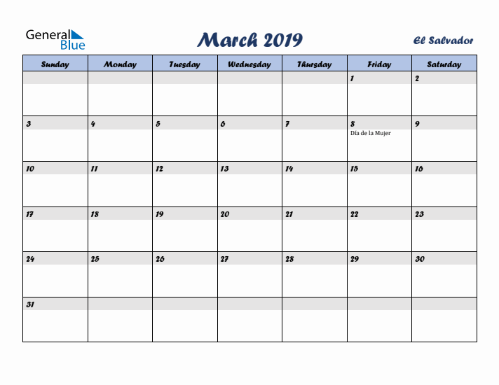 March 2019 Calendar with Holidays in El Salvador