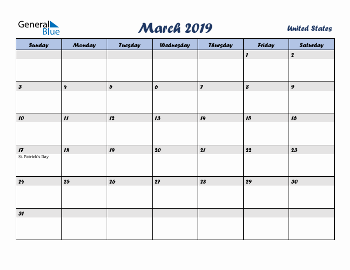 March 2019 Calendar with Holidays in United States