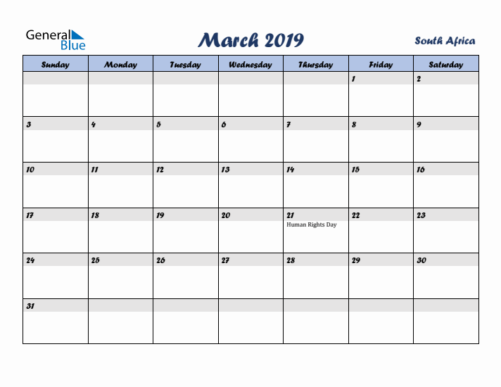 March 2019 Calendar with Holidays in South Africa