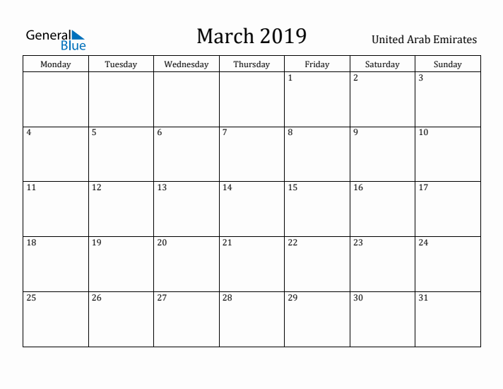 March 2019 Calendar United Arab Emirates