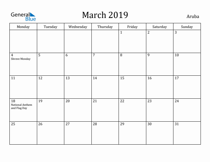 March 2019 Calendar Aruba