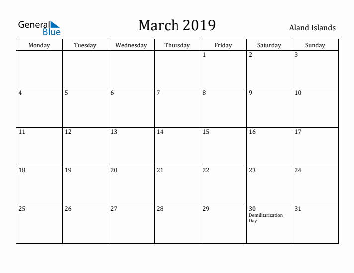March 2019 Calendar Aland Islands