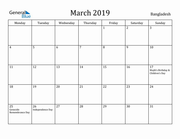 March 2019 Calendar Bangladesh