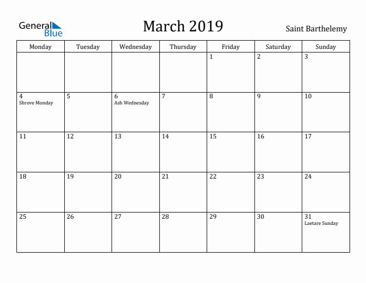 March 2019 Calendar Saint Barthelemy