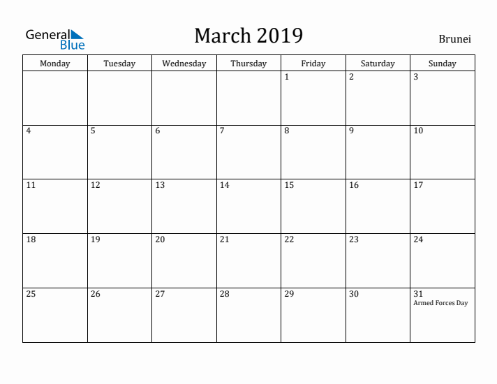 March 2019 Calendar Brunei