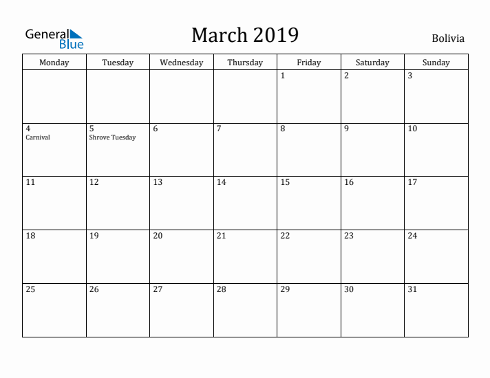 March 2019 Calendar Bolivia