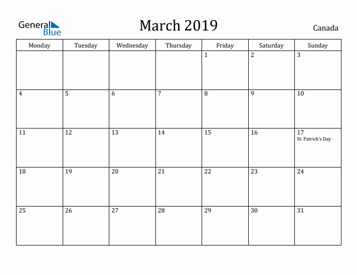 March 2019 Calendar Canada