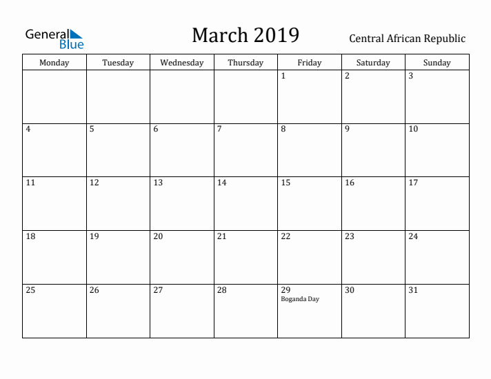March 2019 Calendar Central African Republic