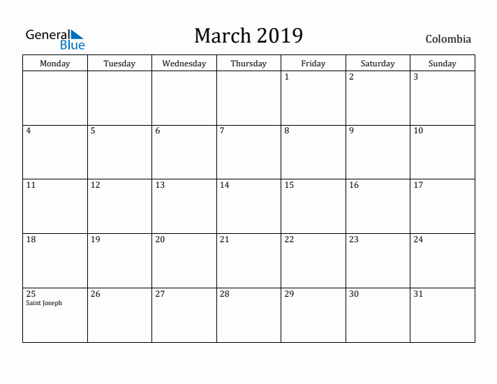 March 2019 Calendar Colombia