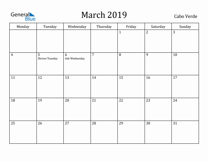 March 2019 Calendar Cabo Verde