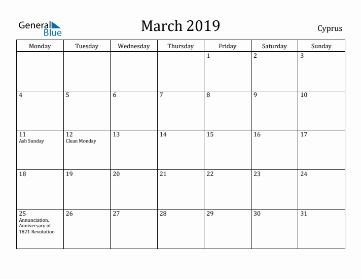 March 2019 Calendar Cyprus