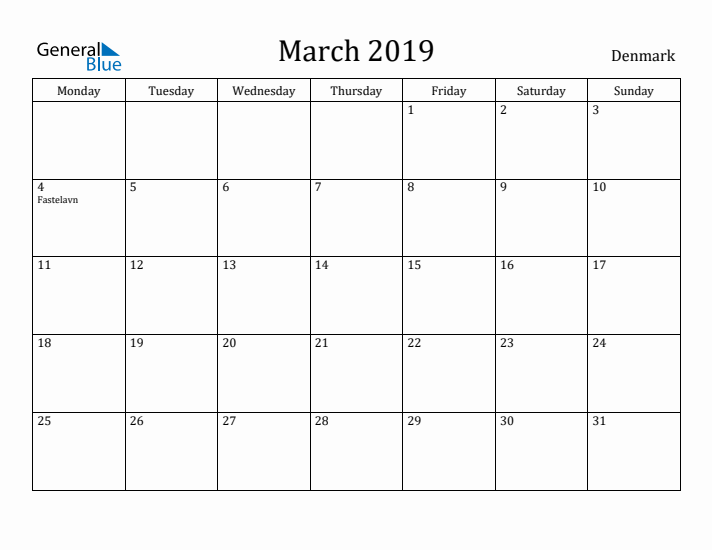 March 2019 Calendar Denmark