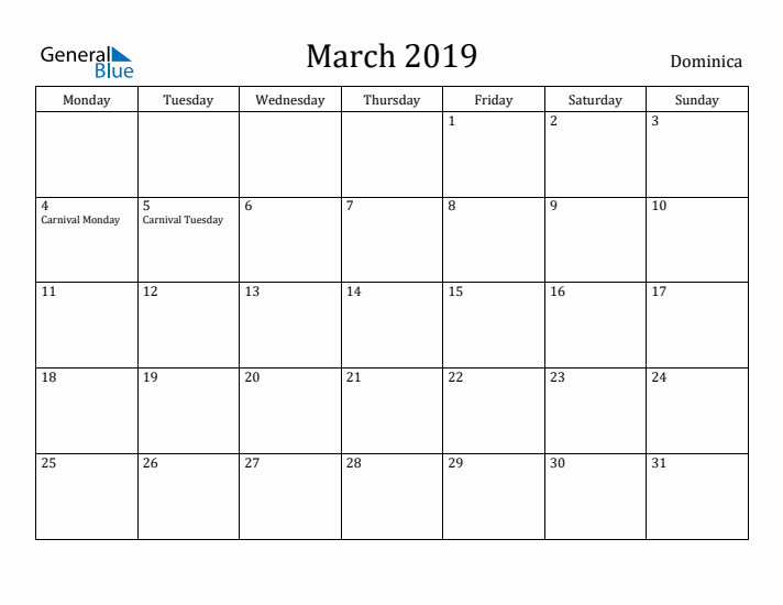 March 2019 Calendar Dominica