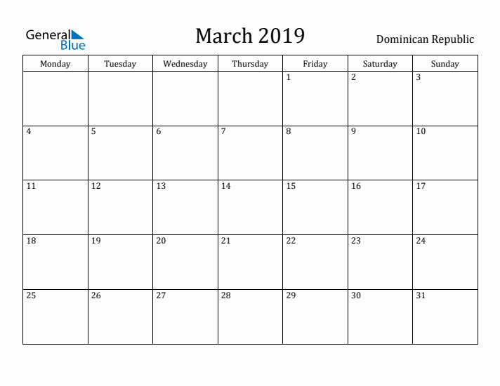 March 2019 Calendar Dominican Republic