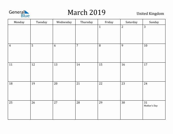 March 2019 Calendar United Kingdom