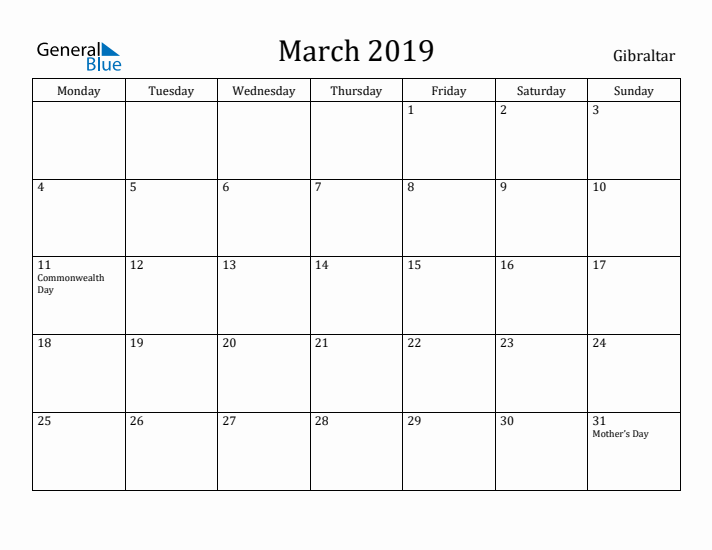 March 2019 Calendar Gibraltar