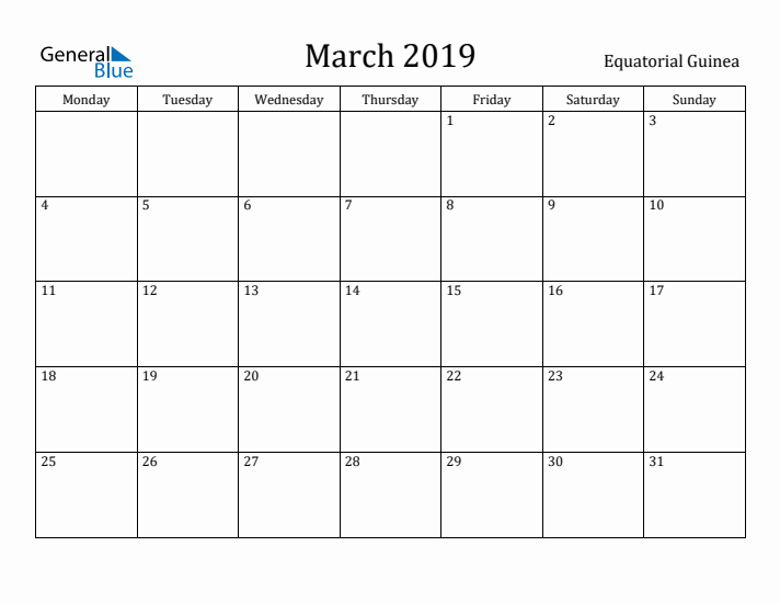 March 2019 Calendar Equatorial Guinea