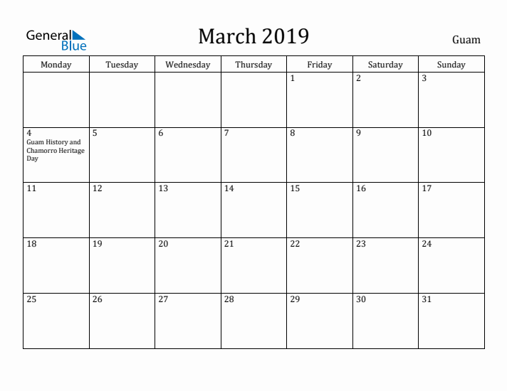 March 2019 Calendar Guam
