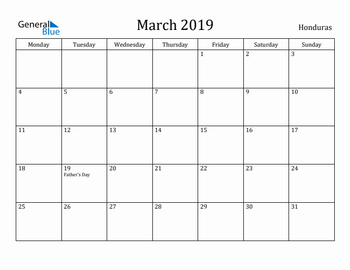 March 2019 Calendar Honduras