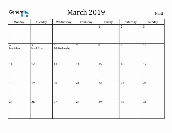 March 2019 Calendar Haiti