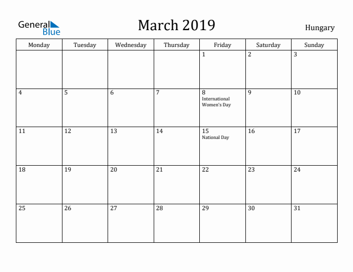 March 2019 Calendar Hungary