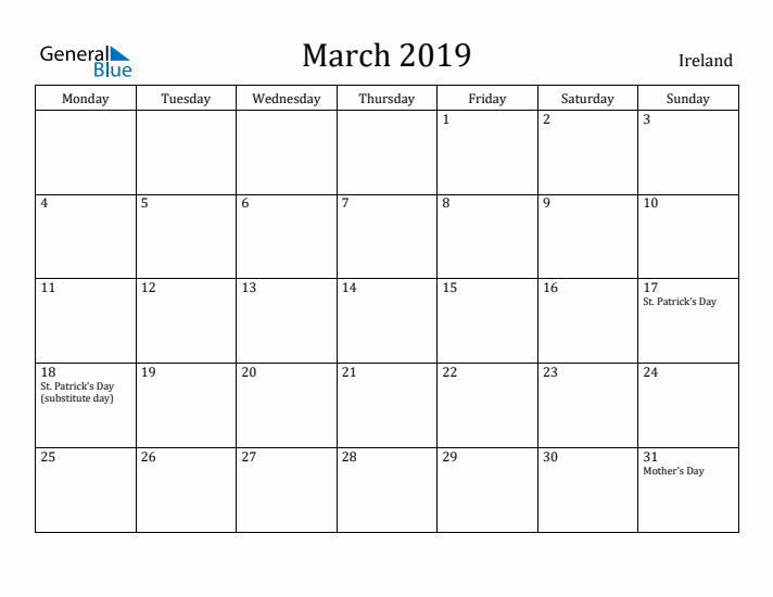 March 2019 Calendar Ireland