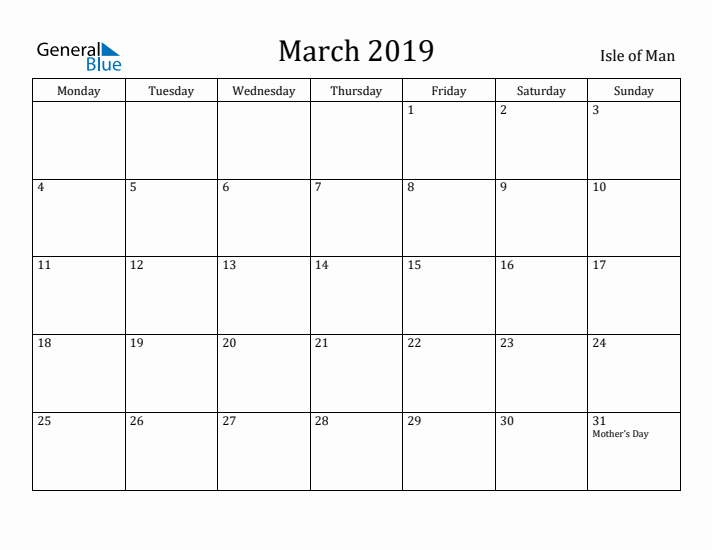 March 2019 Calendar Isle of Man