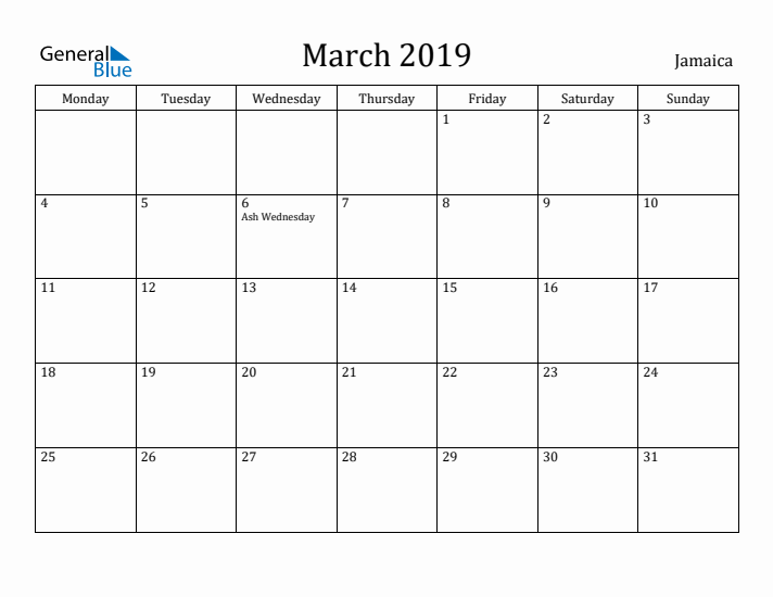 March 2019 Calendar Jamaica