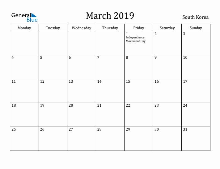 March 2019 Calendar South Korea
