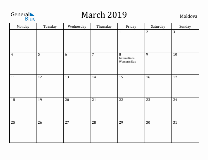 March 2019 Calendar Moldova