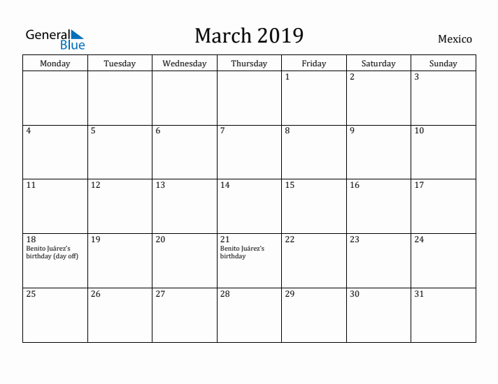 March 2019 Calendar Mexico