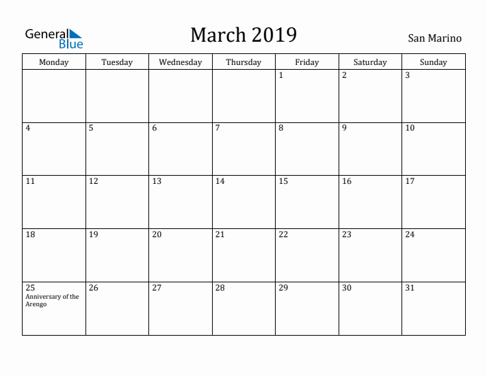 March 2019 Calendar San Marino