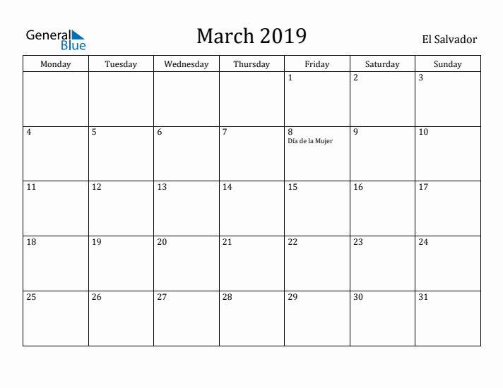 March 2019 Calendar El Salvador