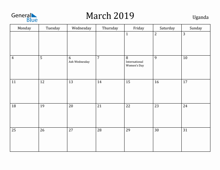 March 2019 Calendar Uganda