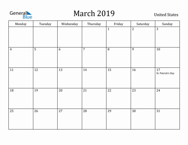 March 2019 Calendar United States