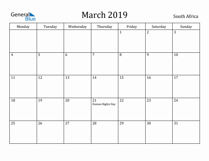March 2019 Calendar South Africa