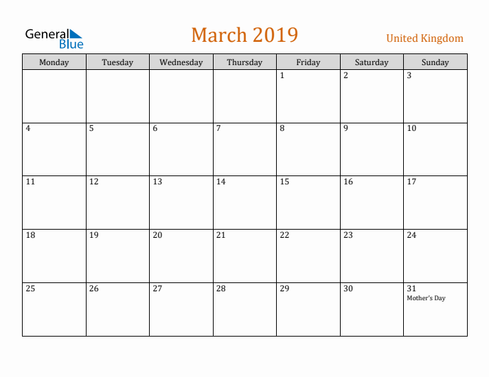 March 2019 Holiday Calendar with Monday Start