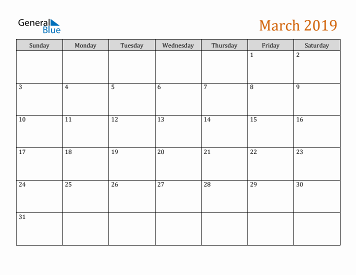 Editable March 2019 Calendar