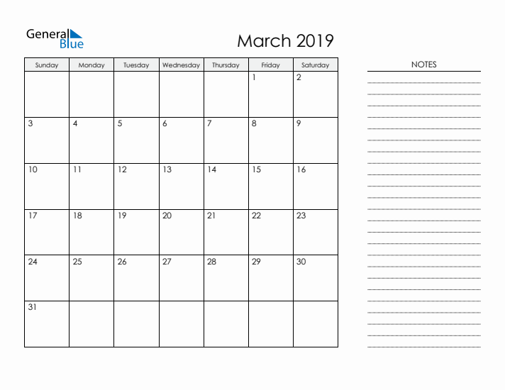 Printable Monthly Calendar with Notes - March 2019