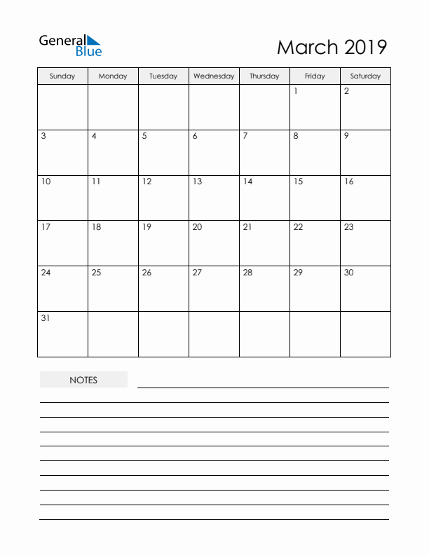 Printable Calendar with Notes - March 2019 