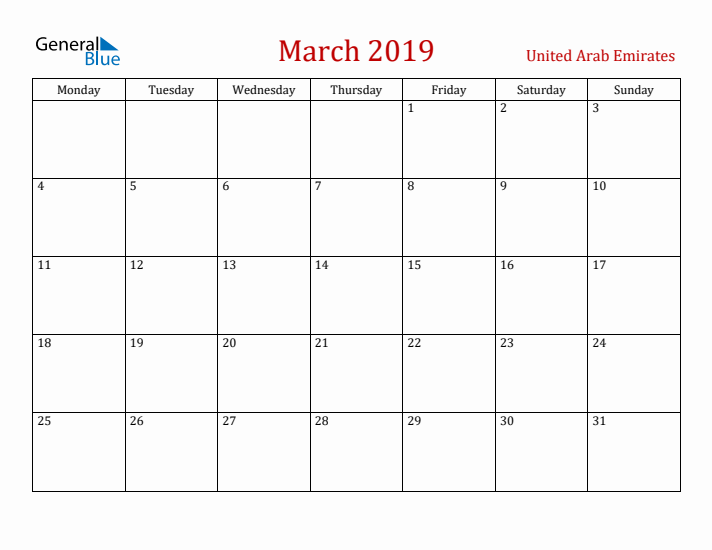 United Arab Emirates March 2019 Calendar - Monday Start