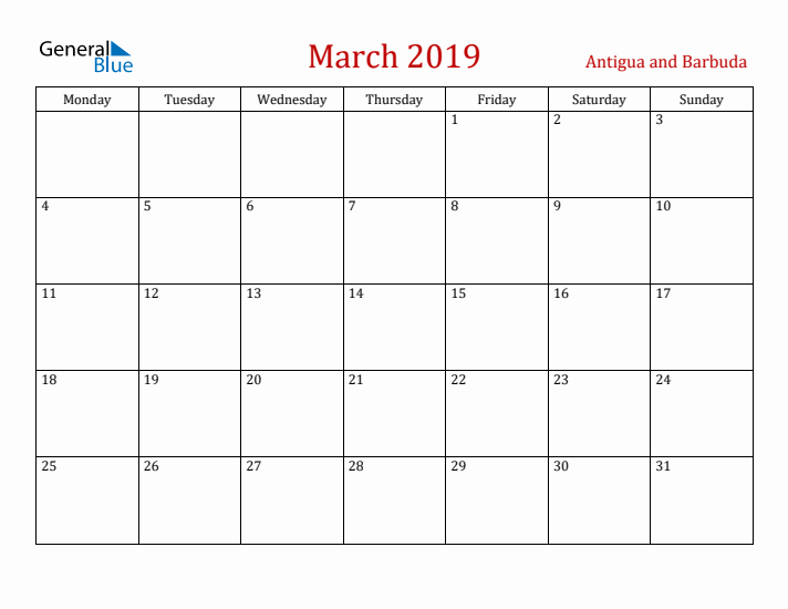 Antigua and Barbuda March 2019 Calendar - Monday Start