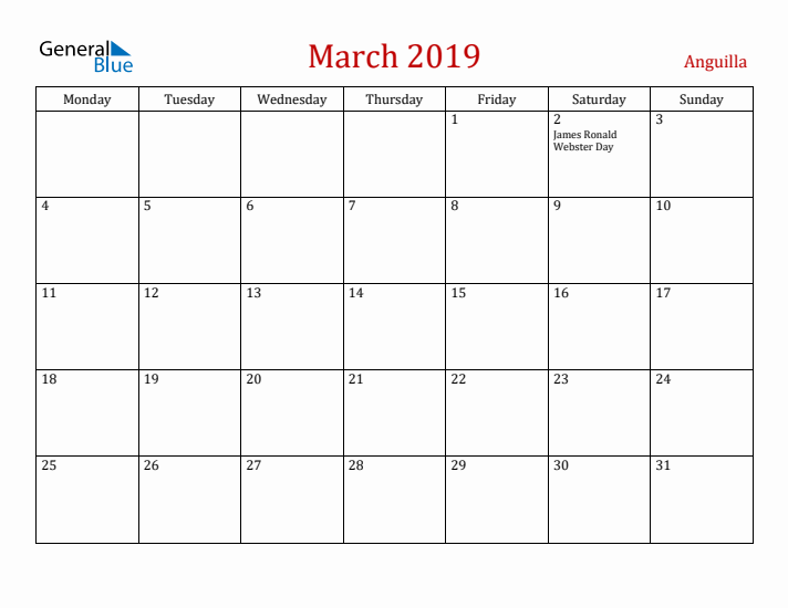 Anguilla March 2019 Calendar - Monday Start