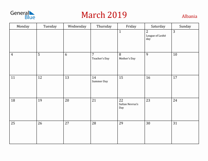 Albania March 2019 Calendar - Monday Start